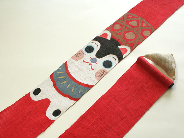 Hand-dyed Linen Japanese Narrow Tapestry - Komainu (Guardian Lion-Dog Statues) -, Kyoto Noren, Japanese wall hanging scroll