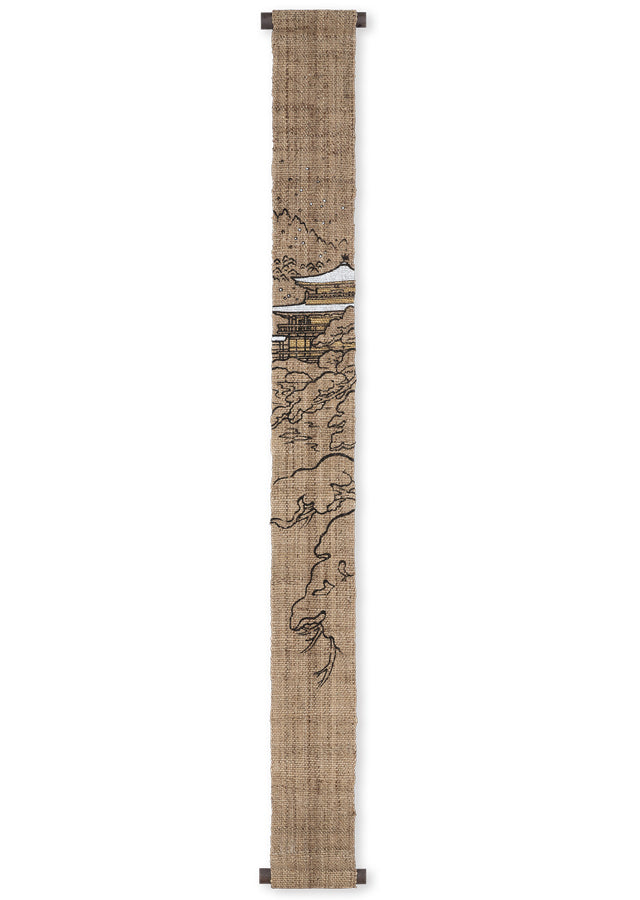 Hand-dyed Linen Japanese Narrow Tapestry 120cm - Kinkakuji Temple -, Kyoto Noren, Japanese wall hanging scroll