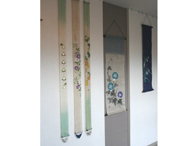 Hand-dyed Linen Japanese Narrow Tapestry - Clematis Patens -, Kyoto Noren, Japanese wall hanging scroll