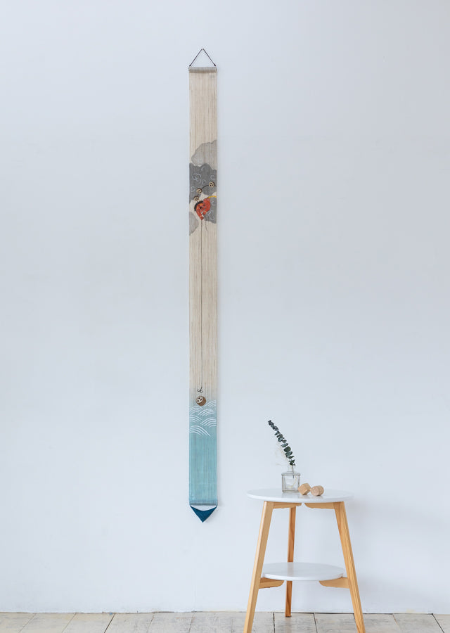 Hand-dyed Linen Japanese Narrow Tapestry - Japanese God of Thunder -, Kyoto Noren, Japanese wall hanging scroll