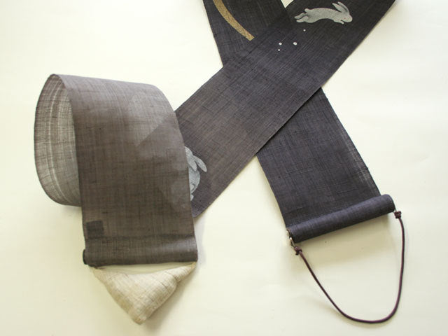 Hand-dyed Linen Japanese Narrow Tapestry - Hopping Rabbit -, Kyoto Noren, Japanese wall hanging scroll