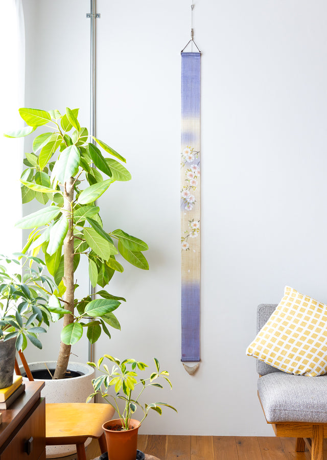 Hand-dyed Linen Japanese Narrow Tapestry - Double Cherry Blossom / Purple -, Kyoto Noren, Japanese wall hanging scroll