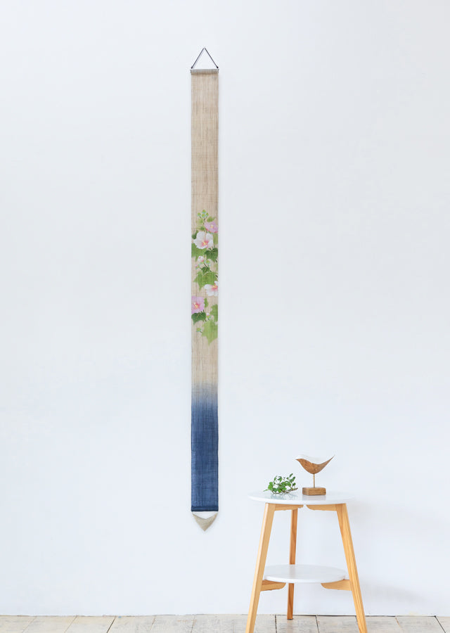 Hand-dyed Linen Japanese Narrow Tapestry - Hibiscus mutabilis cv. Versicolor -, Kyoto Noren, Japanese wall hanging scroll