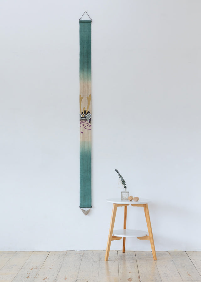 Hand-dyed Linen Japanese Narrow Tapestry - Kabuto(Samurai helmet) -, Kyoto Noren, Japanese wall hanging scroll