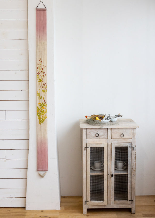 Hand-dyed Linen Japanese Narrow Tapestry - Great Burnet -, Kyoto Noren, Japanese wall hanging scroll