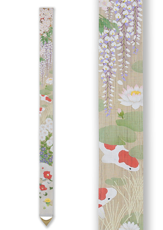 Hand-dyed Linen Japanese Narrow Tapestry with Yuzen Dyeing Technique - Four Seasons -, Kyoto Noren, Japanese wall hanging scroll