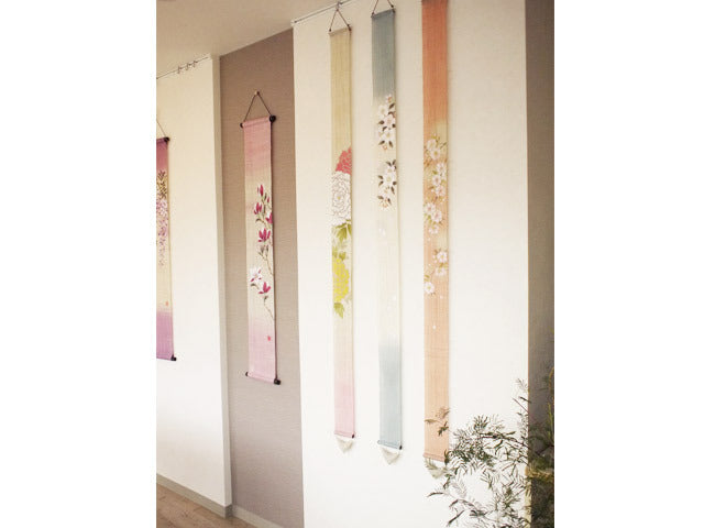 Hand-dyed Linen Japanese Narrow Tapestry - Double Cherry Blossom -, Kyoto Noren, Japanese wall hanging scroll