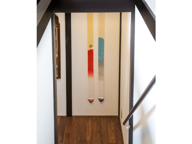 Hand-dyed Linen Japanese Narrow Tapestry - Red Mt. Fuji -, Kyoto Noren, Japanese wall hanging scroll