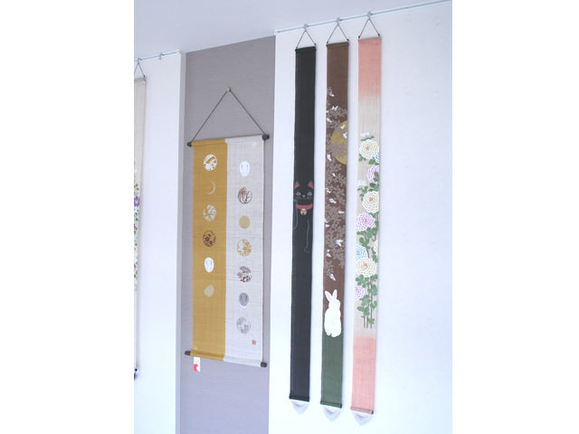Hand-dyed Linen Japanese Narrow Tapestry - Bush Clover and Rabbit -, Kyoto Noren, Japanese wall hanging scroll