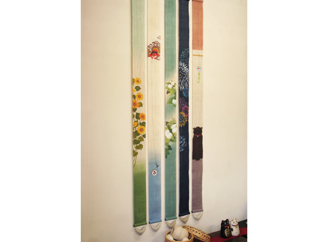 Hand-dyed Linen Japanese Narrow Tapestry - Fireworks -, Kyoto Noren, Japanese wall hanging scroll