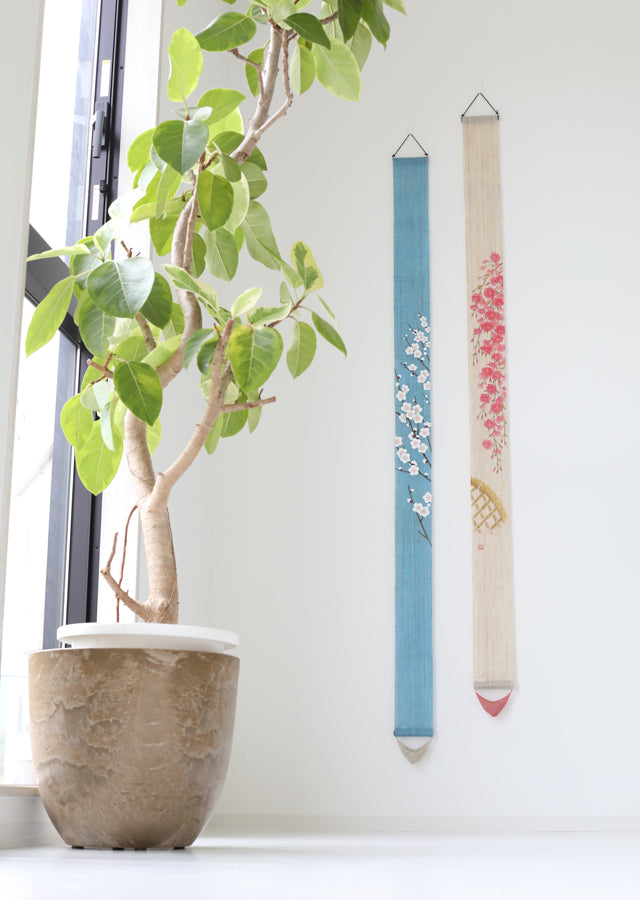 Hand-dyed Linen Japanese Narrow Tapestry - Japanese Apricot -, Kyoto Noren, Japanese wall hanging scroll