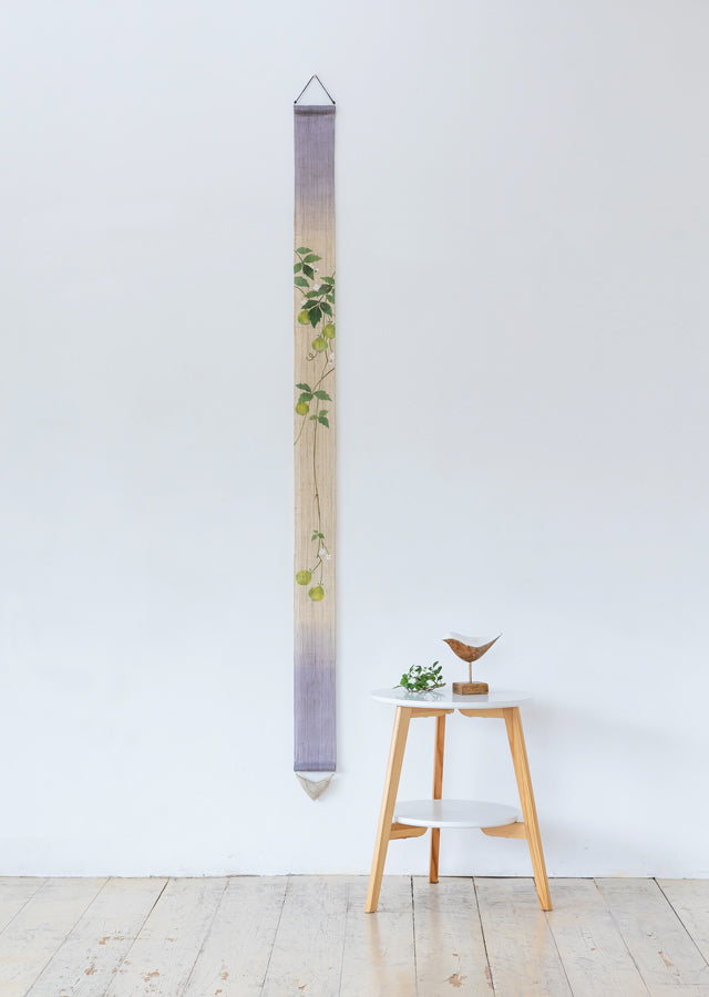 Hand-dyed Linen Japanese Narrow Tapestry - Balloon Vine -, Kyoto Noren, Japanese wall hanging scroll