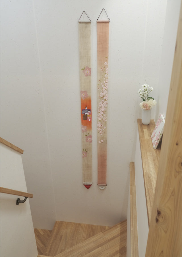 Hand-dyed Linen Japanese Narrow Tapestry - Weeping Cherry Blossom -, Kyoto Noren, Japanese wall hanging scroll