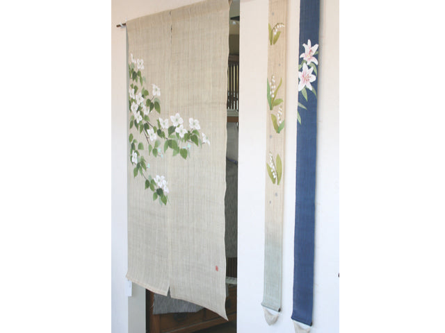 Hand-dyed Linen Japanese Narrow Tapestry - Lily of the Valley -, Kyoto Noren, Japanese wall hanging scroll