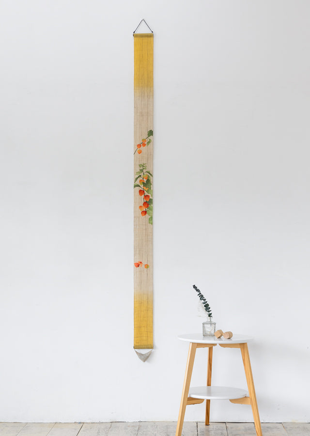 Hand-dyed Linen Japanese Narrow Tapestry - Ground Cherry -, Kyoto Noren, Japanese wall hanging scroll