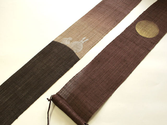 Hand-dyed Linen Japanese Narrow Tapestry - Rabbit and Moon -, Kyoto Noren, Japanese wall hanging scroll