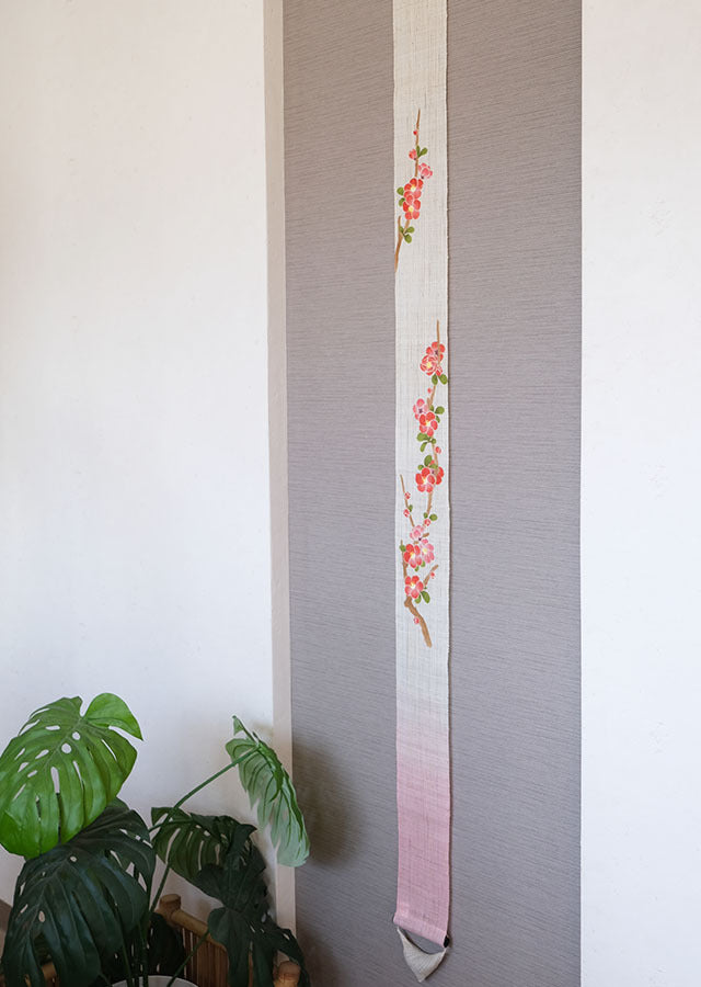 Hand-dyed Linen Japanese Narrow Tapestry - Japanese Quince -, Kyoto Noren, Japanese wall hanging scroll