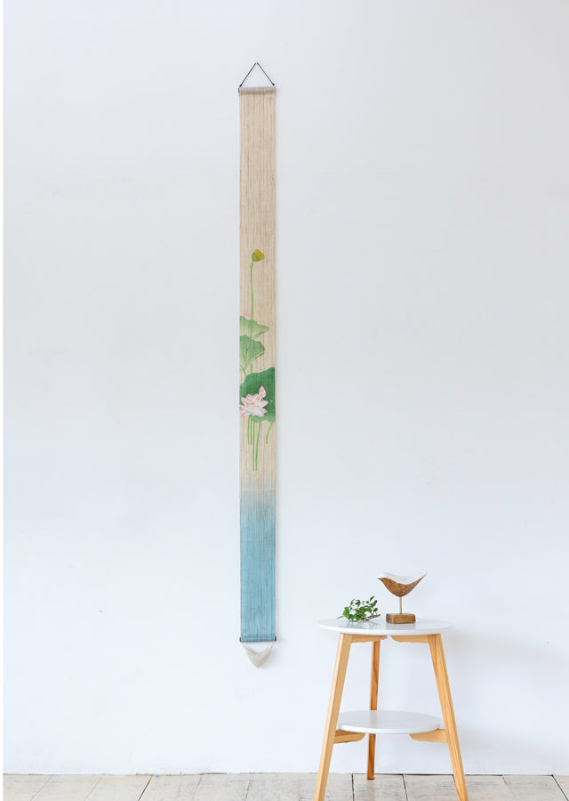 Hand-dyed Linen Japanese Narrow Tapestry - Lotus Flower -, Kyoto Noren, Japanese wall hanging scroll