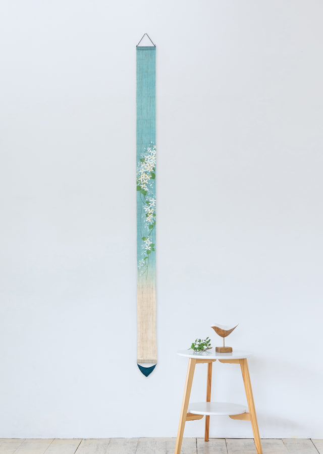 Hand-dyed Linen Japanese Narrow Tapestry - Sweet Autumn Clematis -, Kyoto Noren, Japanese wall hanging scroll