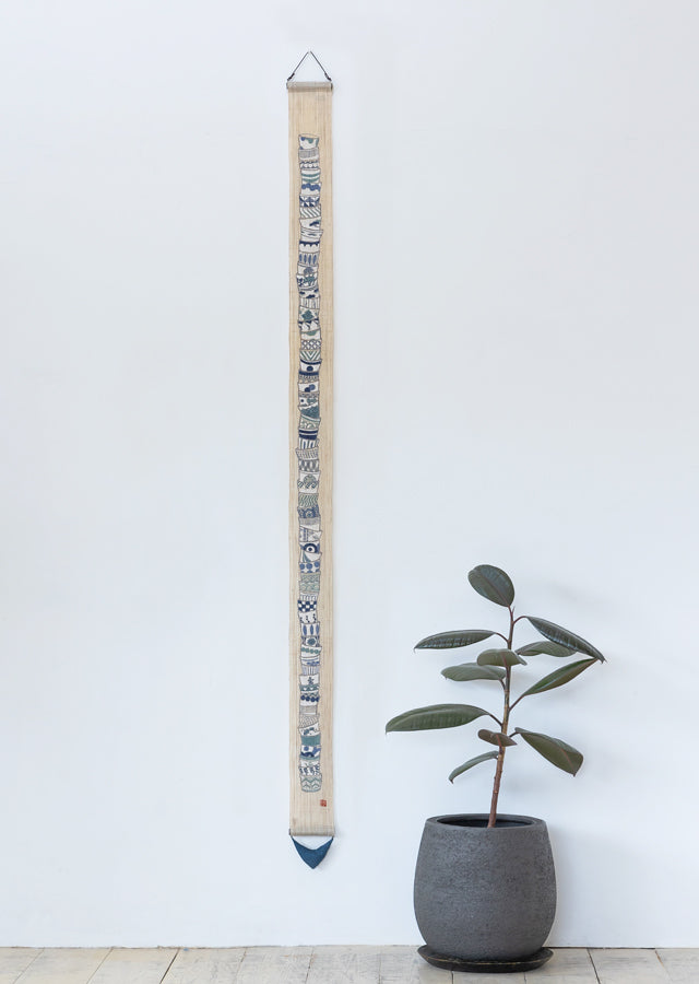 Hand-dyed Linen Japanese Narrow Tapestry - Stack Up Japanese Soba Choko Cup -, Kyoto Noren, Japanese wall hanging scroll