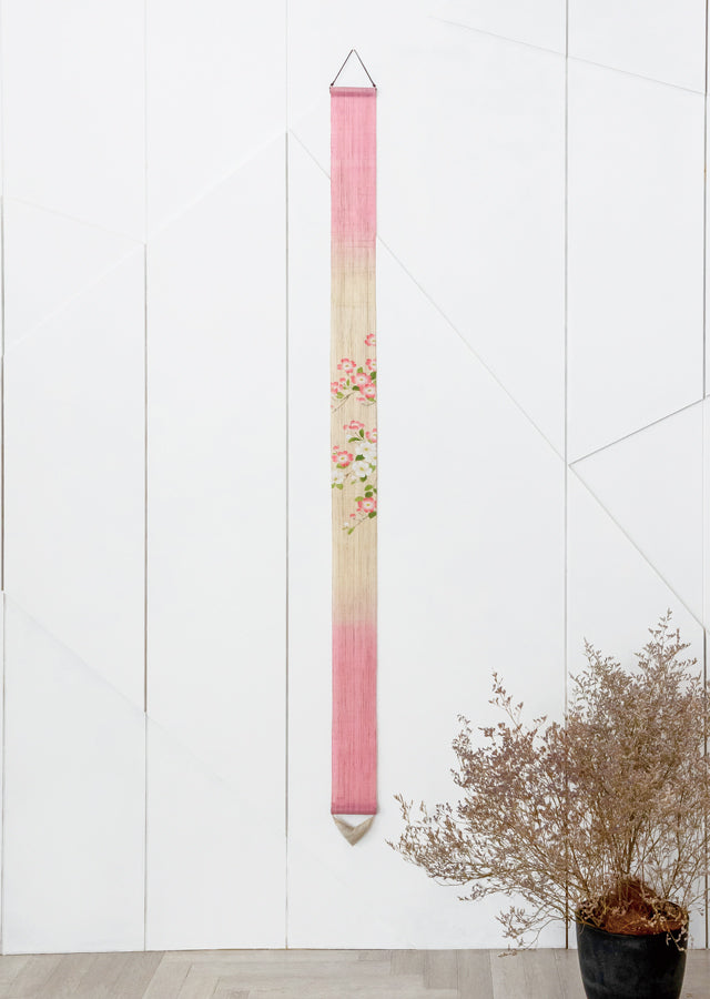 Hand-dyed Linen Japanese Narrow Tapestry - Dogwood -, Kyoto Noren, Japanese wall hanging scroll