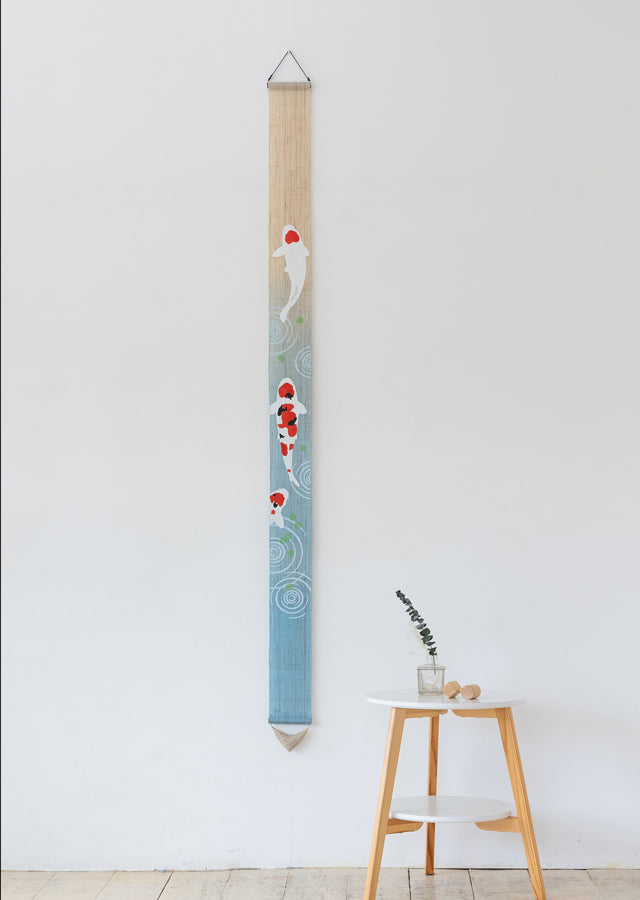 Hand-dyed Linen Japanese Narrow Tapestry - Colored Carp -, Kyoto Noren, Japanese wall hanging scroll