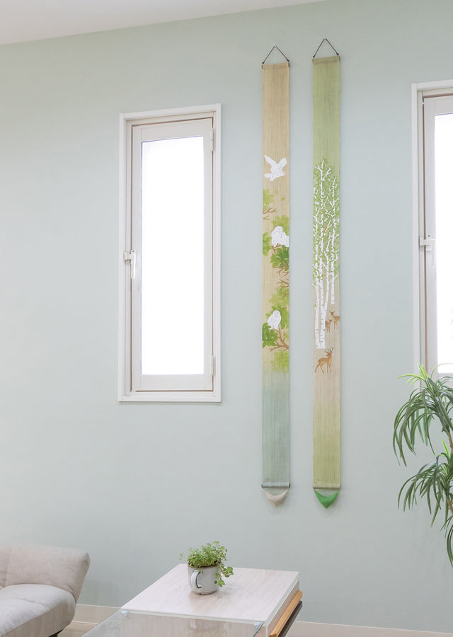 Hand-dyed Linen Japanese Narrow Tapestry - Deer and White Birch -, Kyoto Noren, Japanese wall hanging scroll