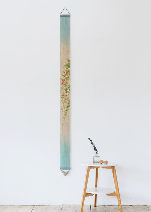 Hand-dyed Linen Japanese Narrow Tapestry - Cypress Vine -, Kyoto Noren, Japanese wall hanging scroll