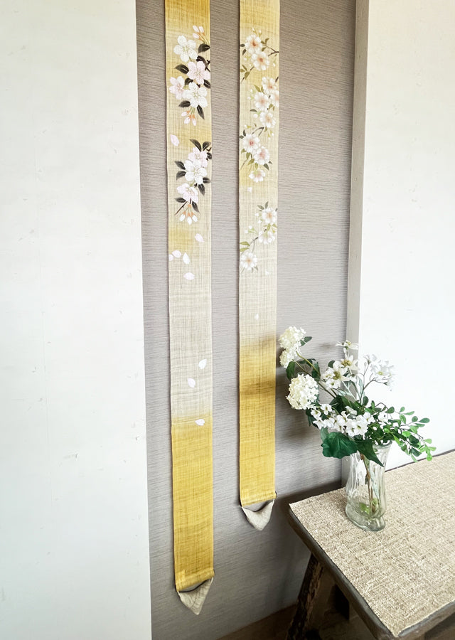 Hand-dyed Linen Japanese Narrow Tapestry - Double Cherry Blossom or Prunus Serrulata -, Kyoto Noren, Japanese wall hanging scroll