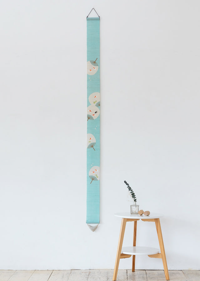 Hand-dyed Linen Japanese Narrow Tapestry - Japanese Fan and Goldfish -, Kyoto Noren, Japanese wall hanging scroll