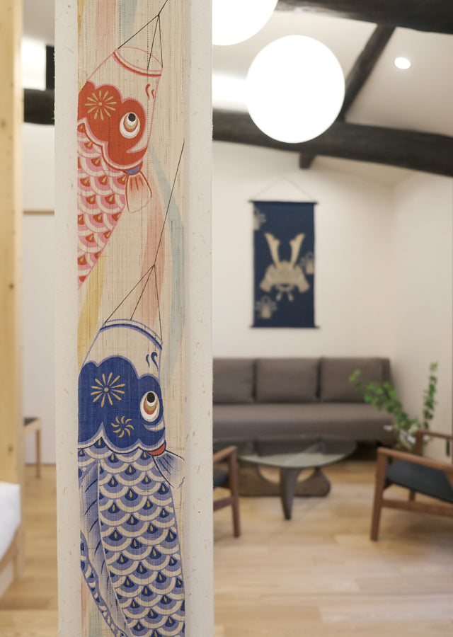 Hand-dyed Linen Japanese Narrow Tapestry - Koinobori (carp-shaped streamer) -, Kyoto Noren, Japanese wall hanging scroll