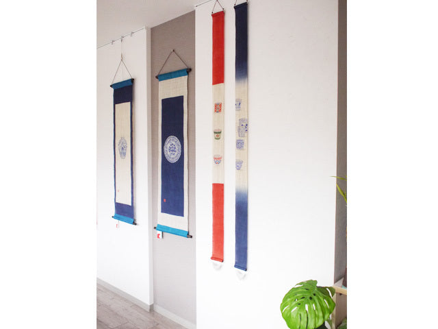 Hand-dyed Linen Japanese Narrow Tapestry - Japanese Soba Choko Cup / Red -, Kyoto Noren, Japanese wall hanging scroll