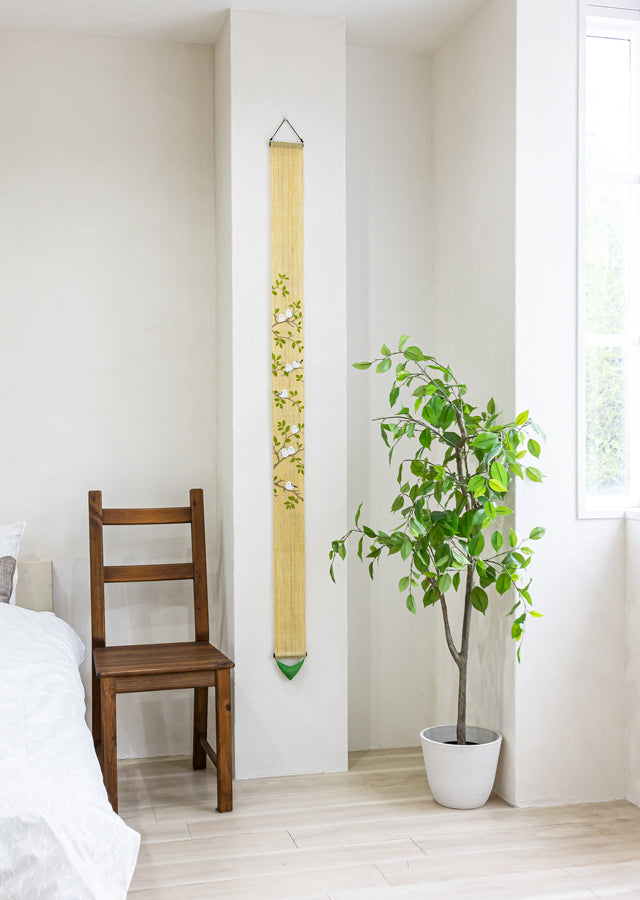 Hand-dyed Linen Japanese Narrow Tapestry - Long-tailed Tit -, Kyoto Noren, Japanese wall hanging scroll