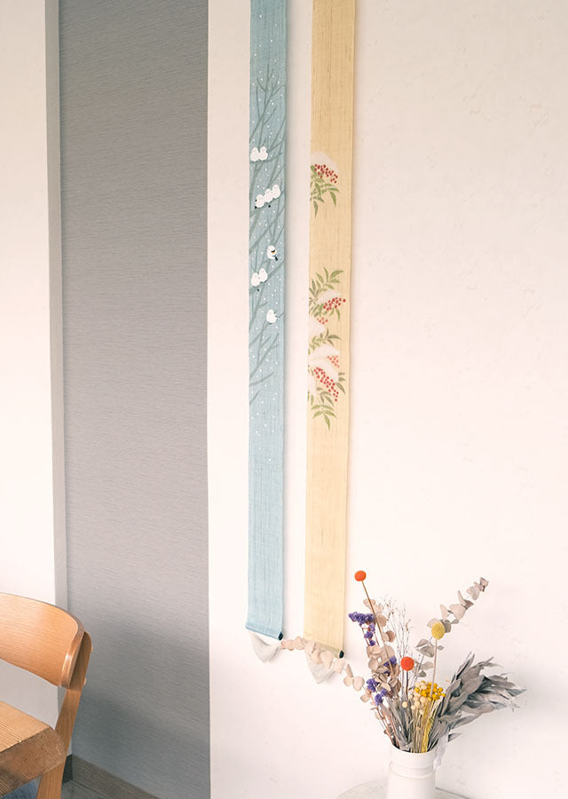 Hand-dyed Linen Japanese Narrow Tapestry - Long-tailed Tit -, Kyoto Noren, Japanese wall hanging scroll