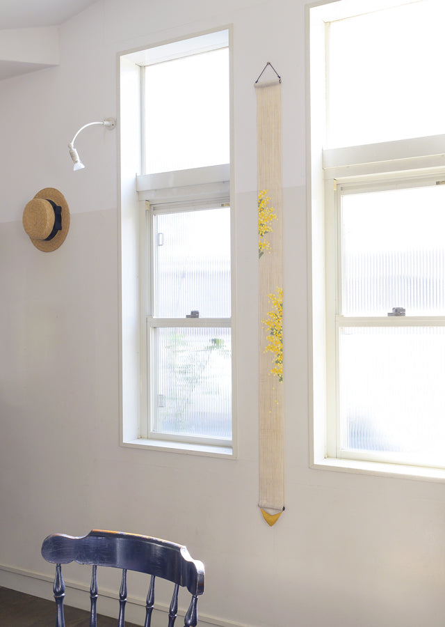 Hand-dyed Linen Japanese Narrow Tapestry - Mimosa -, Kyoto Noren, Japanese wall hanging scroll