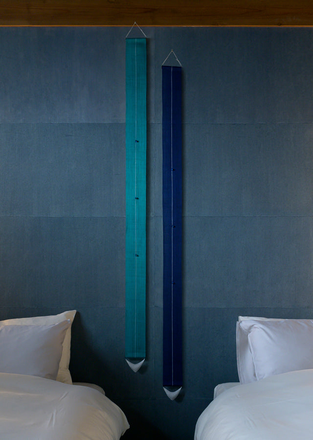 Hand-dyed Linen Japanese Narrow Tapestry with Hotaru Glass - Azure Color Glass -, Kyoto Noren, Japanese wall hanging scroll