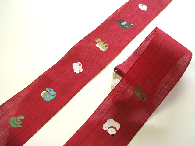 Hand-dyed Linen Japanese Narrow Tapestry - Japanese Zodiac -, Kyoto Noren, Japanese wall hanging scroll