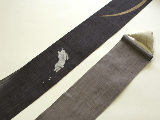 Hand-dyed Linen Japanese Narrow Tapestry - Hopping Rabbit -, Kyoto Noren, Japanese wall hanging scroll