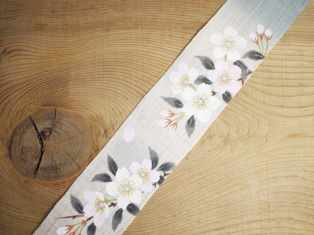 Hand-dyed Linen Japanese Narrow Tapestry - Prunus Serrulata(Japanese Cherry Blossom) -, Kyoto Noren, Japanese wall hanging scroll