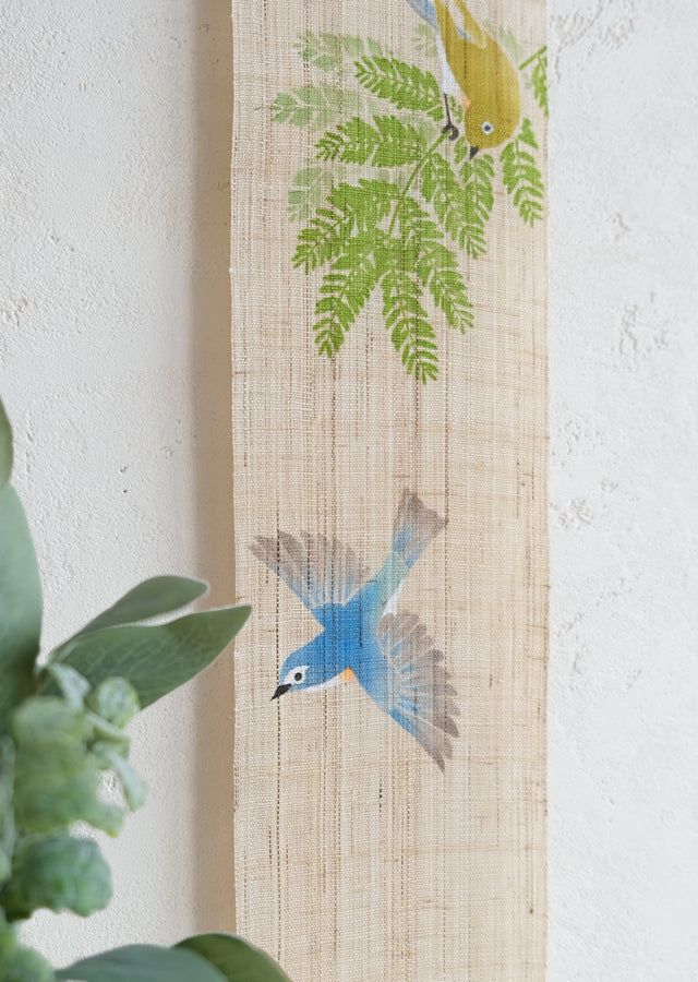 Hand-dyed Linen Japanese Narrow Tapestry - Red-Flanked Bluetail -, Kyoto Noren, Japanese wall hanging scroll