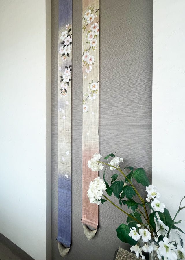Hand-dyed Linen Japanese Narrow Tapestry - Double Cherry Blossom or Prunus Serrulata -, Kyoto Noren, Japanese wall hanging scroll