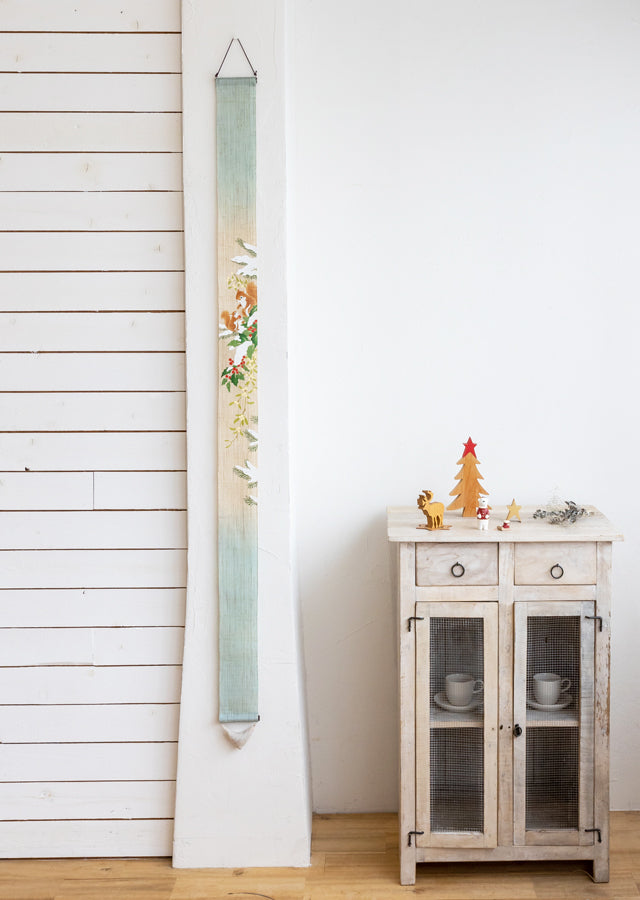 Hand-dyed Linen Japanese Narrow Tapestry - Squirrel and Holly -, Kyoto Noren, Japanese wall hanging scroll