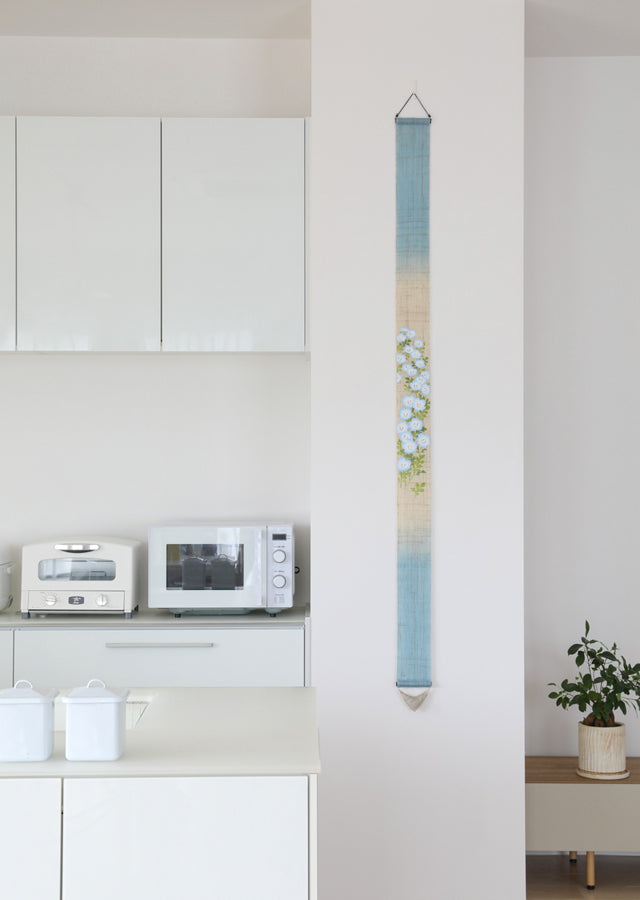 Hand-dyed Linen Japanese Narrow Tapestry - Nemophila -, Kyoto Noren, Japanese wall hanging scroll