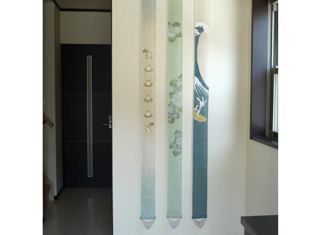 Hand-dyed Linen Japanese Narrow Tapestry - Surfing Rabbit -, Kyoto Noren, Japanese wall hanging scroll
