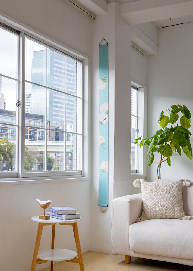 Hand-dyed Linen Japanese Narrow Tapestry - Japanese Fan and Goldfish -, Kyoto Noren, Japanese wall hanging scroll