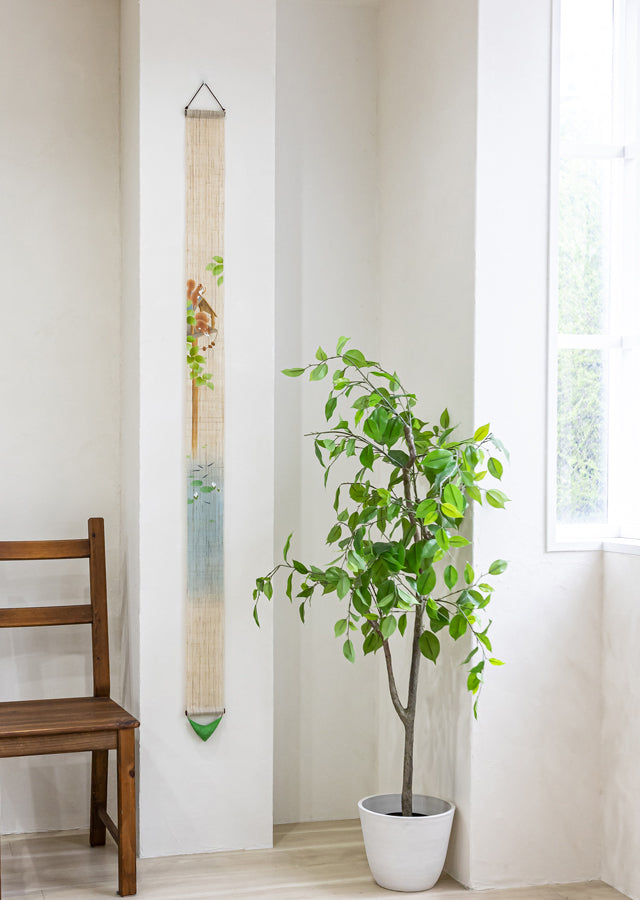 Hand-dyed Linen Japanese Narrow Tapestry - Squirrel -, Kyoto Noren, Japanese wall hanging scroll