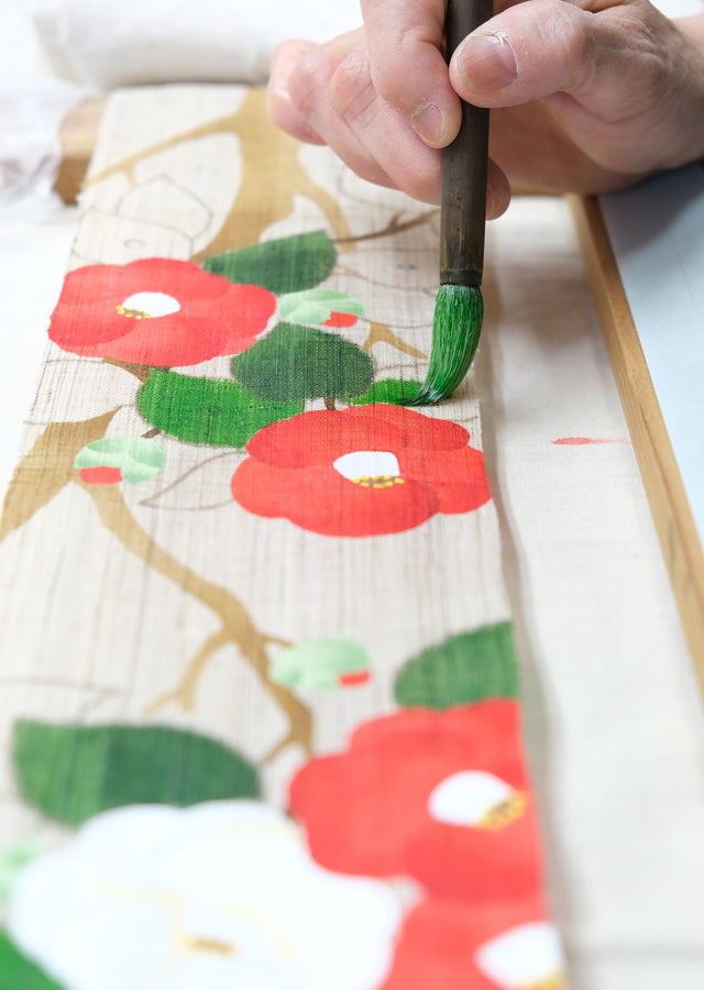 Hand-drawn and Hand-dyed Linen Japanese Narrow Tapestry - Camellia -, Kyoto Noren, Japanese wall hanging scroll