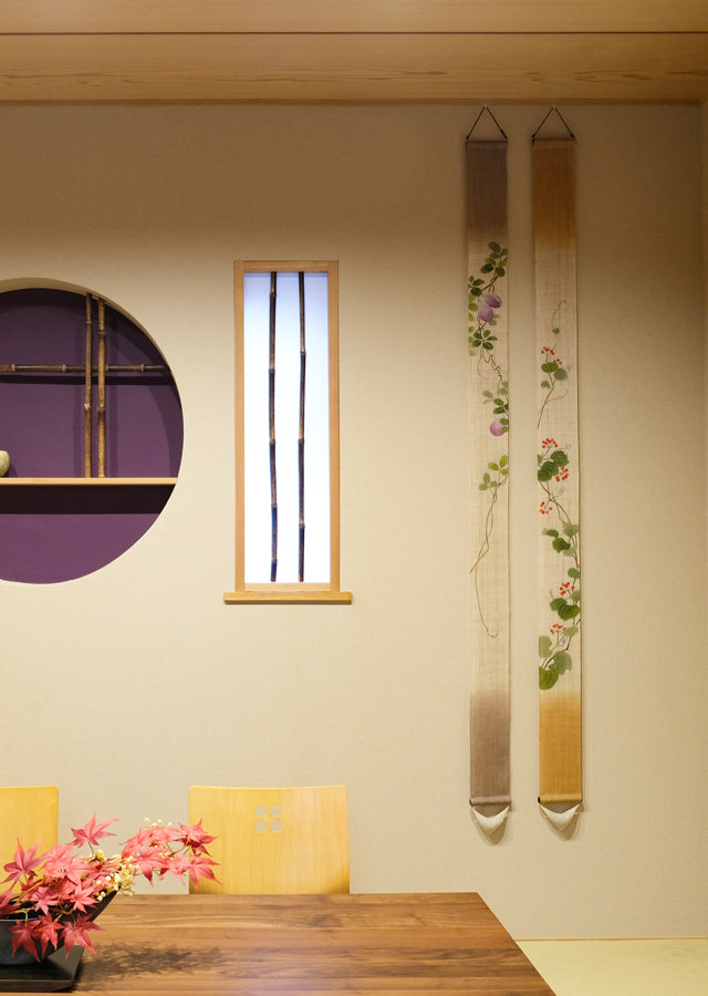 Hand-dyed Linen Japanese Narrow Tapestry - Chocolate Vine -, Kyoto Noren, Japanese wall hanging scroll