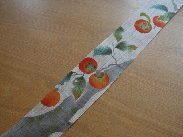 Hand-dyed Linen Japanese Narrow Tapestry - Persimmon and Japanese White-eye -, Kyoto Noren, Japanese wall hanging scroll