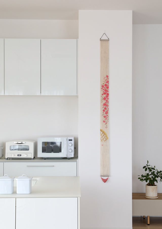 Hand-drawn and Hand-dyed Linen Japanese Narrow Tapestry - Weeping Cherry Blossom -, Kyoto Noren, Japanese wall hanging scroll